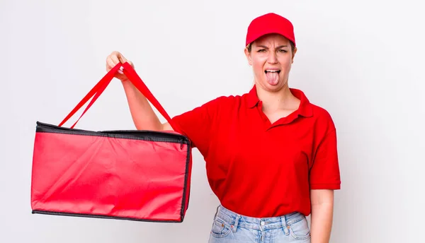 Blonde Pretty Woman Feeling Disgusted Irritated Tongue Out Pizza Delivery — Stockfoto