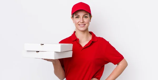 Blonde Pretty Woman Smiling Happily Hand Hip Confident Pizza Delivery — Stock Photo, Image