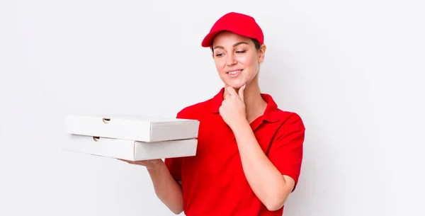 Blonde Pretty Woman Smiling Happy Confident Expression Hand Chin Pizza — Stock Photo, Image