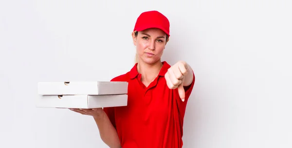 Blonde Pretty Woman Feeling Cross Showing Thumbs Pizza Delivery Concept — Stock Photo, Image