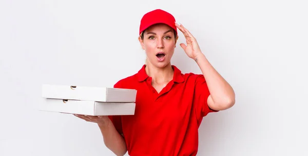 Blonde Pretty Woman Looking Happy Astonished Surprised Pizza Delivery Concept — Stock Photo, Image
