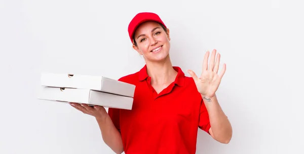 Blonde Pretty Woman Smiling Looking Friendly Showing Number Five Pizza — Stock Photo, Image
