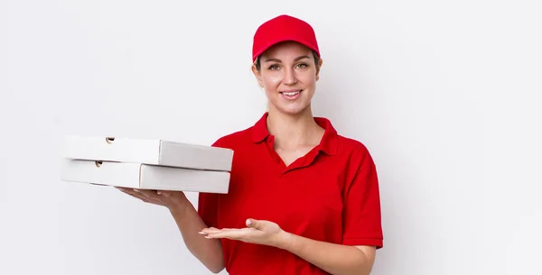 Blonde Pretty Woman Smiling Cheerfully Feeling Happy Showing Concept Pizza — Stock Photo, Image