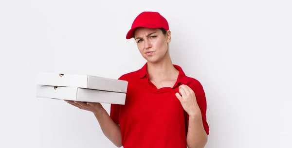 Blonde Pretty Woman Looking Arrogant Successful Positive Proud Pizza Delivery — Stock Photo, Image