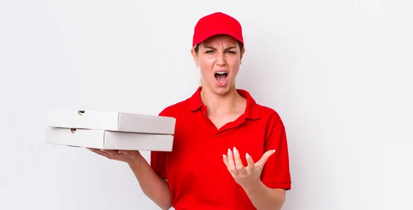 Blonde Hübsche Frau Die Wütend Genervt Und Frustriert Aussieht Pizza — Stockfoto