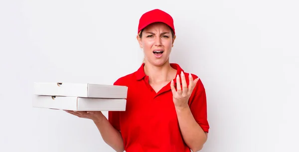 Blonde Pretty Woman Looking Desperate Frustrated Stressed Pizza Delivery Concept — Stock Photo, Image
