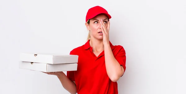 Blonde Pretty Woman Feeling Bored Frustrated Sleepy Tiresome Pizza Delivery — Stock Photo, Image