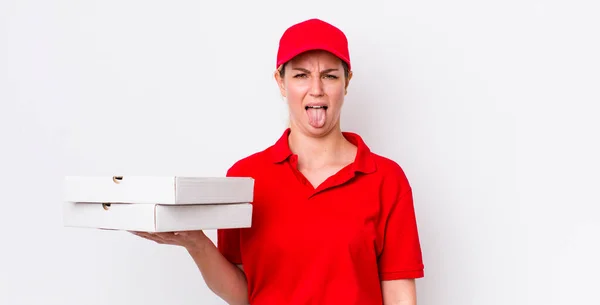 Sarışın Güzel Bir Kadın Ğrenmiş Rahatsız Olmuş Dilsiz Hissediyor Pizza — Stok fotoğraf