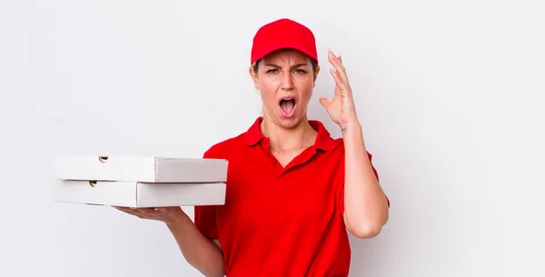 Blonde Pretty Woman Screaming Hands Air Pizza Delivery Concept — Stockfoto