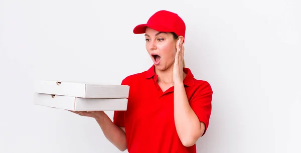 Blonde Pretty Woman Feeling Happy Excited Surprised Pizza Delivery Concept — Stockfoto