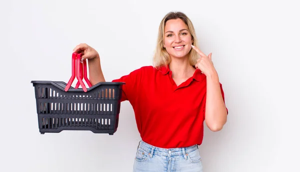 Blonde Pretty Woman Smiling Confidently Pointing Own Broad Smile Shopping — ストック写真