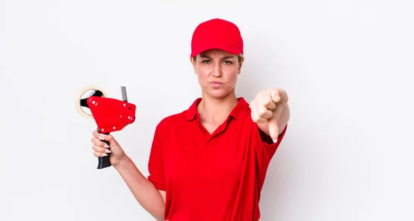 Blonde Pretty Woman Feeling Cross Showing Thumbs Worker Concept — Stock Photo, Image