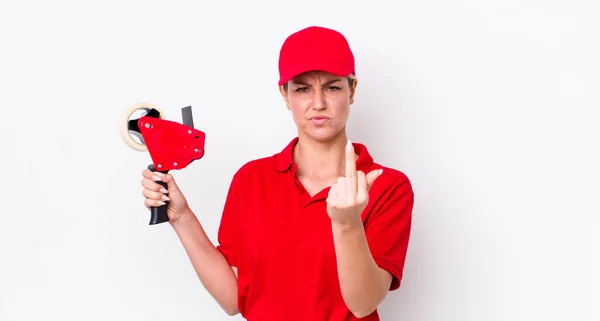Blonde Pretty Woman Feeling Angry Annoyed Rebellious Aggressive Worker Concept — Stock Photo, Image