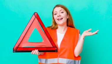 red head pretty woman feeling happy, surprised realizing a solution or idea. car triangle accident cocnept clipart