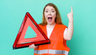 red head pretty woman feeling like a happy and excited genius after realizing an idea. car triangle accident cocnept clipart