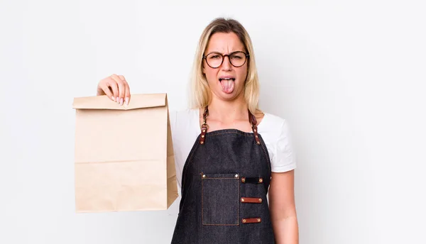 Blonde Pretty Woman Feeling Disgusted Irritated Tongue Out Delivery Take — Stock Photo, Image