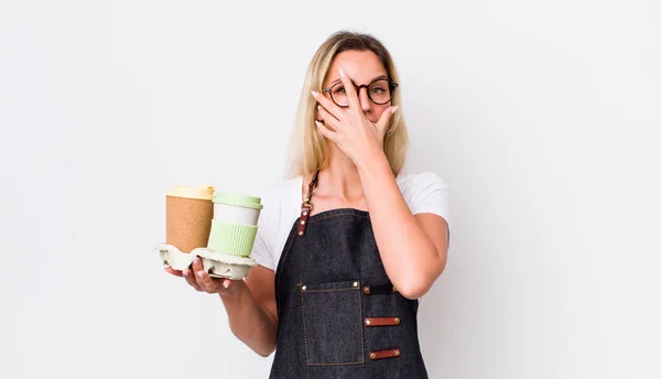 Blonde Pretty Woman Looking Shocked Scared Terrified Covering Face Hand — Stock Photo, Image