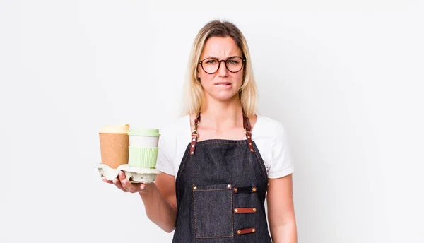 Blonde Pretty Woman Looking Puzzled Confused Take Away Coffee Concept — Stock Photo, Image