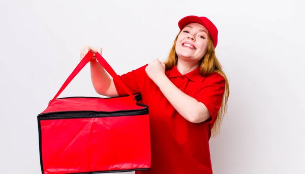 Red Head Pretty Woman Feeling Happy Facing Challenge Celebrating Pizza — Stock Photo, Image