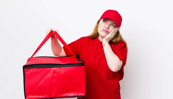 Rött Huvud Vacker Kvinna Känna Uttråkad Frustrerad Och Sömnig Efter — Stockfoto