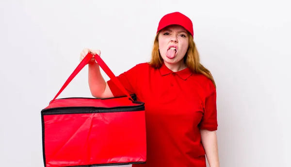Red Head Pretty Woman Feeling Disgusted Irritated Tongue Out Pizza — Stock Photo, Image