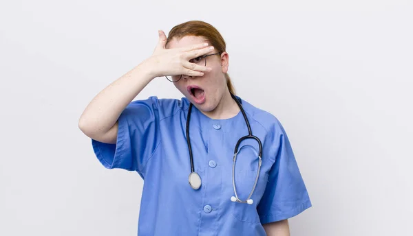 Red Head Pretty Woman Looking Shocked Scared Terrified Covering Face — Stock Photo, Image