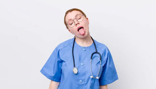 Red Head Pretty Woman Cheerful Rebellious Attitude Joking Sticking Tongue — Stock Photo, Image