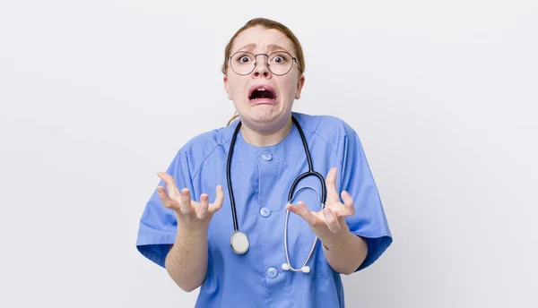 Red Head Pretty Woman Looking Desperate Frustrated Stressed Nurse Concept — Stock Photo, Image