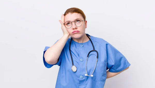 Red Head Pretty Woman Feeling Bored Frustrated Sleepy Tiresome Nurse — Stock Photo, Image