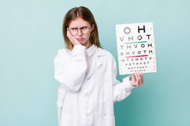 Kızıl saçlı, güzel bir kadın bıkkın, yorgun ve uykulu hissediyor. optik görüş testi konsepti