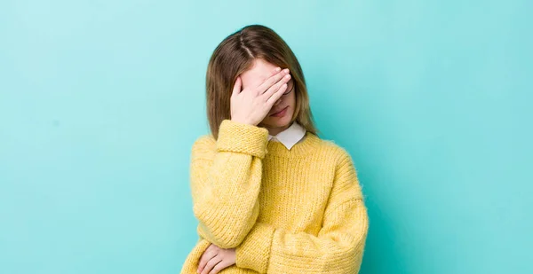 Red Head Pretty Woman Looking Stressed Ashamed Upset Headache Covering — Stock Photo, Image