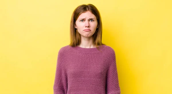 Red Head Pretty Woman Feeling Sad Stressed Upset Because Bad — Stock Photo, Image