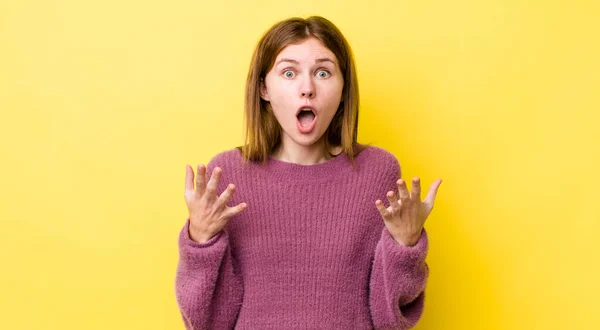 Red Head Pretty Woman Feeling Extremely Shocked Surprised Anxious Panicking — Stock Photo, Image