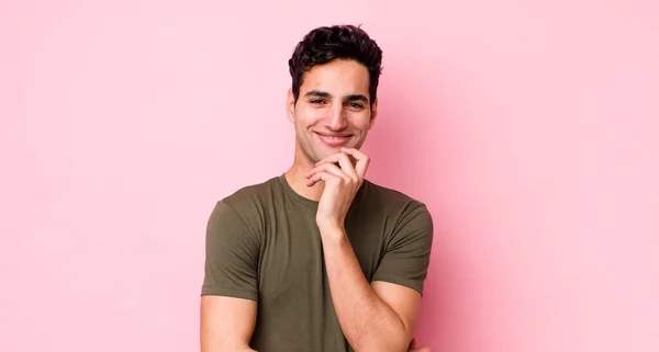 Handsome Hispanic Man Looking Happy Smiling Hand Chin Wondering Asking — Stock Photo, Image