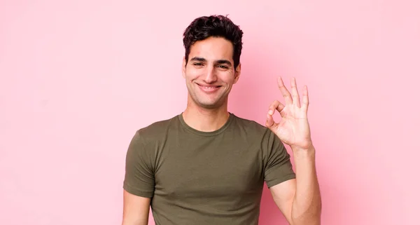 Handsome Hispanic Man Feeling Happy Relaxed Satisfied Showing Approval Okay — Stock Photo, Image