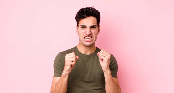 Handsome Hispanic Man Shouting Aggressively Annoyed Frustrated Angry Look Tight — Stock Photo, Image
