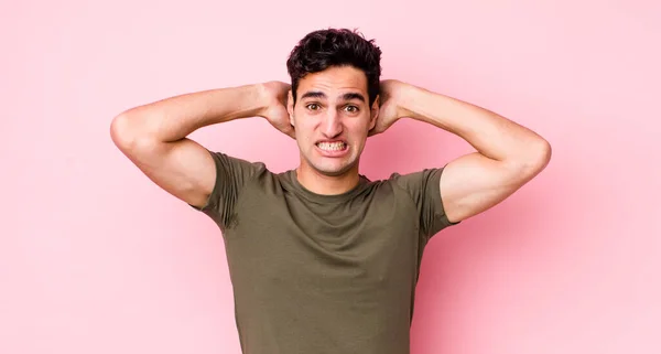 Handsome Hispanic Man Feeling Stressed Worried Anxious Scared Hands Head — Stock Photo, Image