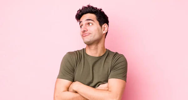 Handsome Hispanic Man Shrugging Feeling Confused Uncertain Doubting Arms Crossed — Stock Photo, Image
