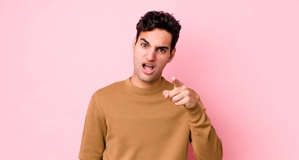 Handsome Hispanic Man Pointing Camera Angry Aggressive Expression Looking Furious — Stock Photo, Image