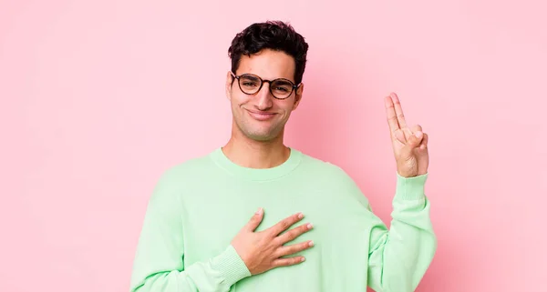 Handsome Hispanic Man Looking Happy Confident Trustworthy Smiling Showing Victory — Stock Photo, Image