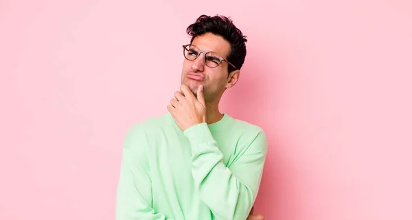 Handsome Hispanic Man Thinking Feeling Doubtful Confused Different Options Wondering — Stock Photo, Image