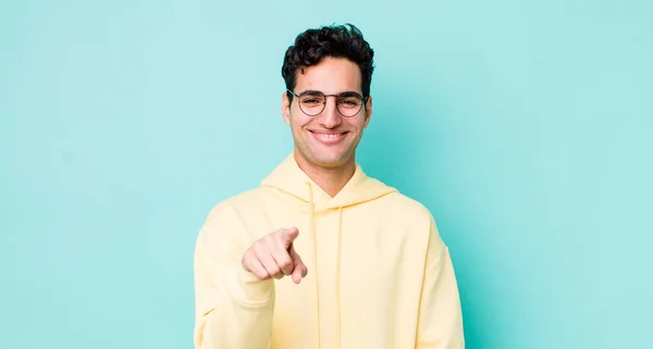 Handsome Hispanic Man Pointing Camera Satisfied Confident Friendly Smile Choosing — Stock Photo, Image