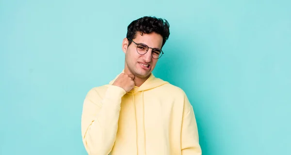 Handsome Hispanic Man Feeling Stressed Anxious Tired Frustrated Pulling Shirt — Stock Photo, Image