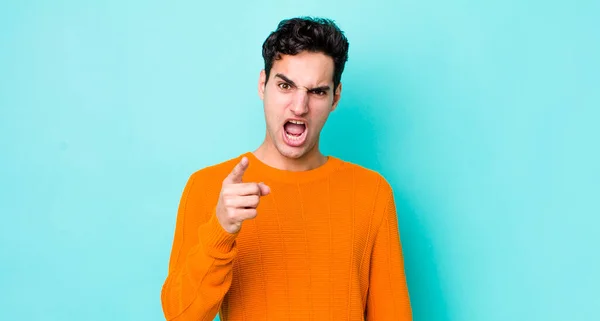 Handsome Hispanic Man Pointing Camera Angry Aggressive Expression Looking Furious — Stock Photo, Image