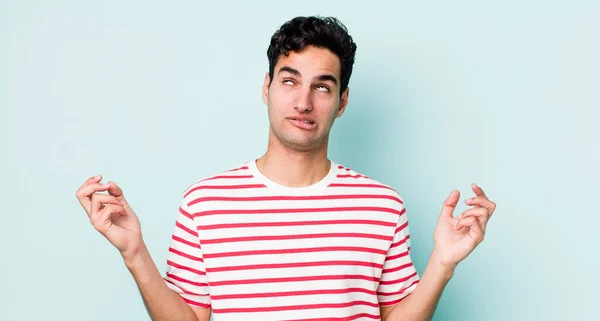 Handsome Hispanic Man Shrugging Dumb Crazy Confused Puzzled Expression Feeling — Foto Stock