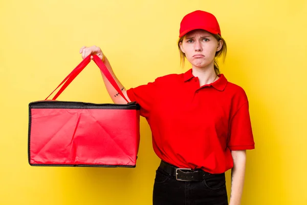 Rode Hoofd Mooie Vrouw Voelt Zich Verdrietig Zeurderig Met Een — Stockfoto