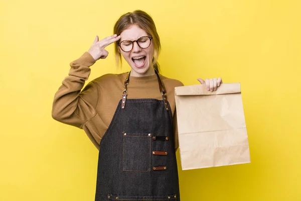 Red Head Pretty Woman Looking Unhappy Stressed Suicide Gesture Making — Stockfoto