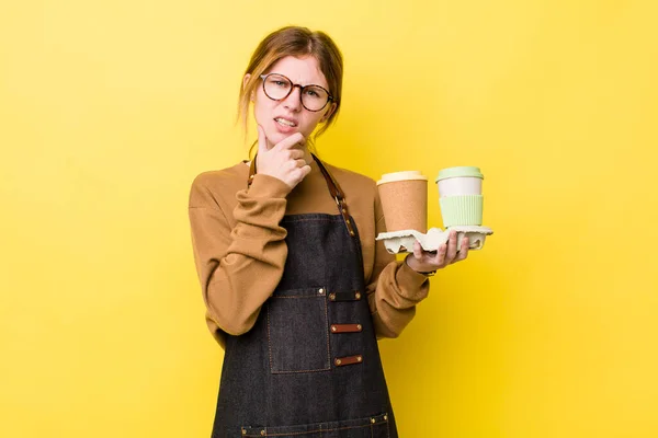 Rode Hoofd Mooie Vrouw Met Mond Ogen Wijd Open Hand — Stockfoto