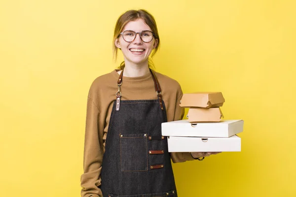 Red Head Pretty Woman Looking Happy Pleasantly Surprised Fast Food — Stockfoto