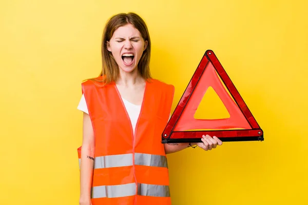Red Head Pretty Woman Shouting Aggressively Looking Very Angry Car — Stockfoto